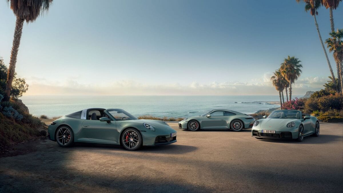 The 2026 Porsche 911 4S Targa, Coupe, and Cabriolet in blue parked together