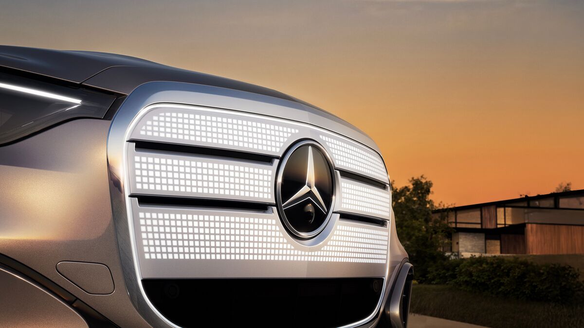 A teaser image showing the optional lighted grille of the 2026 Mercedes Benz GLC with EQ technology