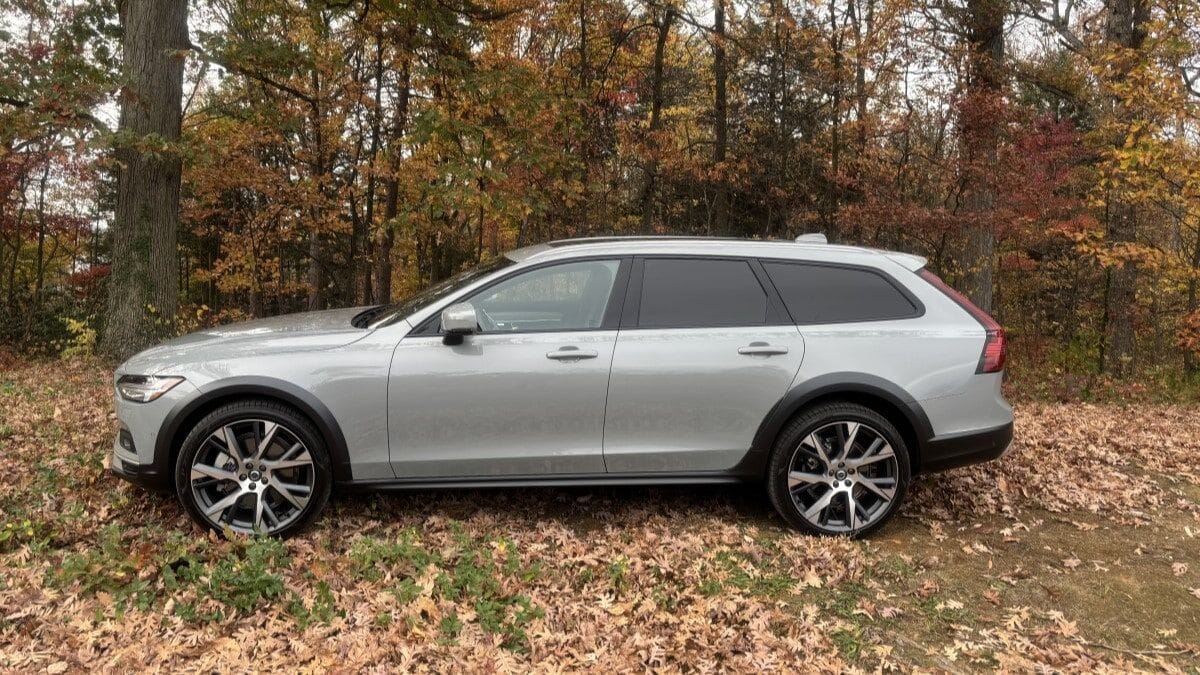 The 2025 Volvo V90 Cross Country wagon in grey seen in profile