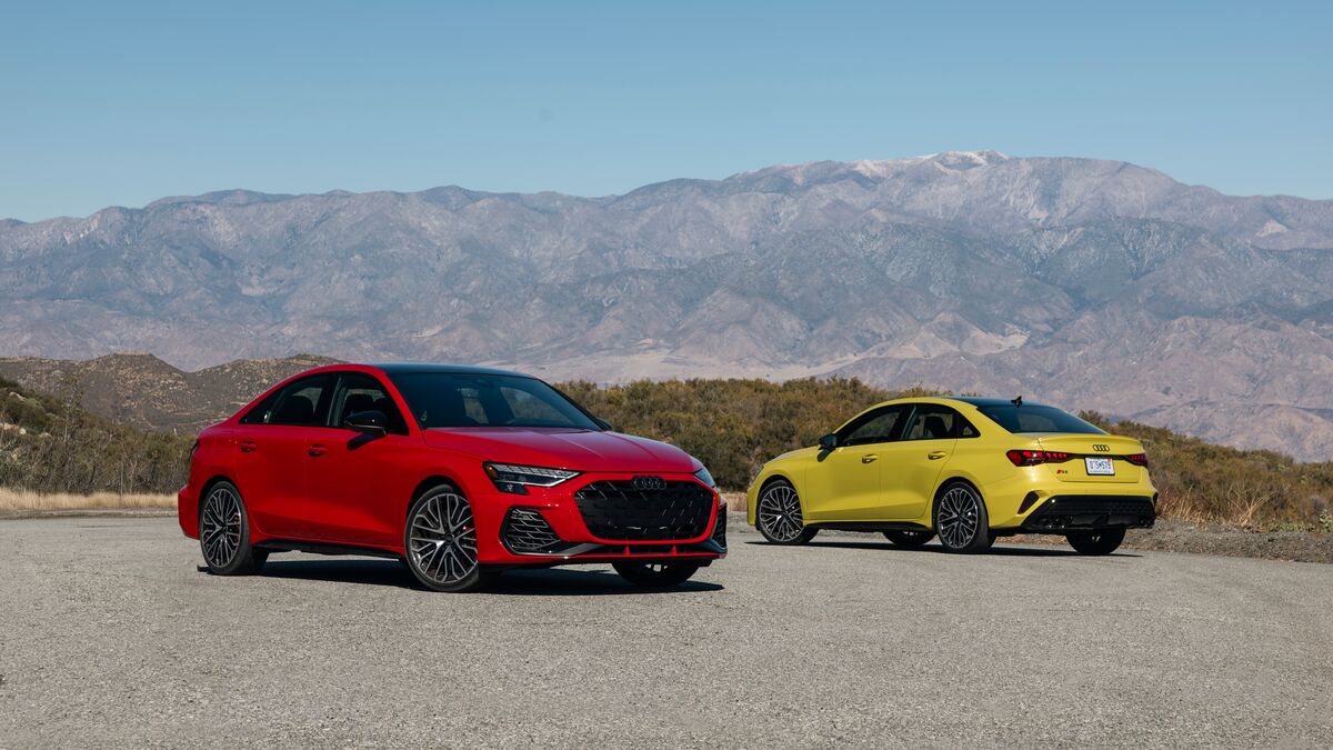 The 2026 Audi A3 and S3 parked side by side seen from front and rear quarter angles