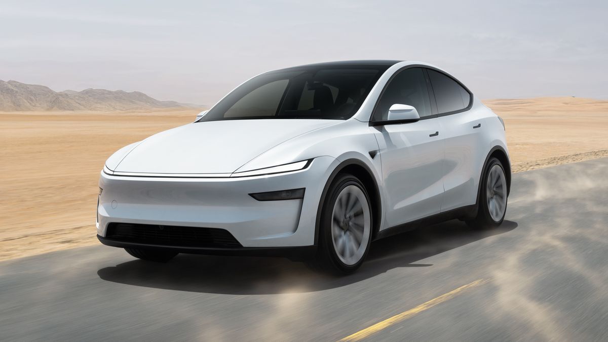 2026 Tesla Model Y driving in the desert.
