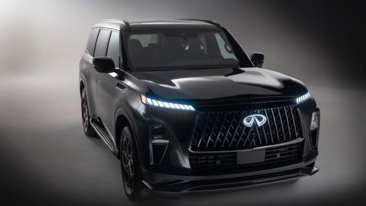 The 2026 Infiniti QX80 Sport in black seen from a front quarter angle