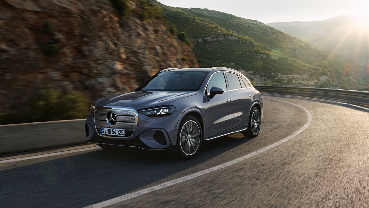 The 2027 Mercedes-Benz GLC-Class with EQ Technology in gray seen from a front quarter angle