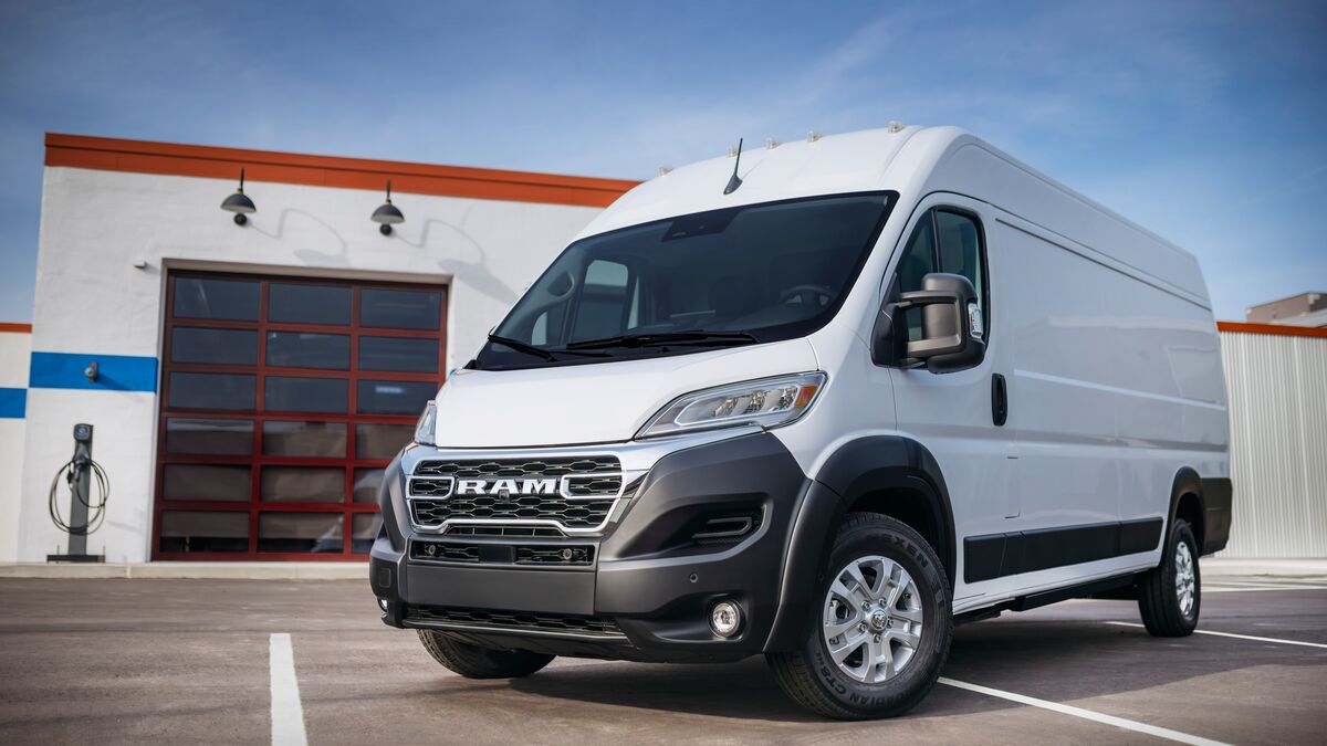 The 2024 Ram ProMaster EV in white seen from a front quarter angle