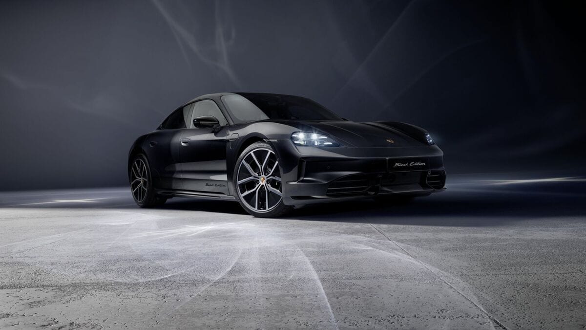 The 2026 Porsche Taycan Black Edition seen from a front quarter angle