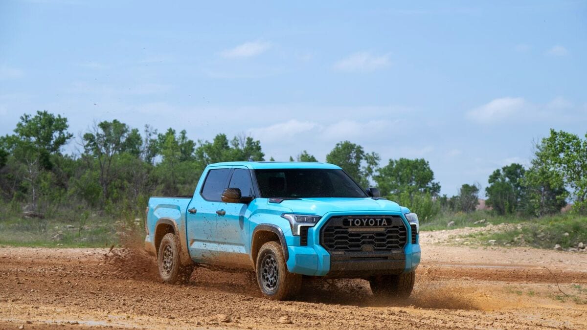 The 2026 Toyota Tundra TRD Pro in Wave Maker seen from a front quarter angle