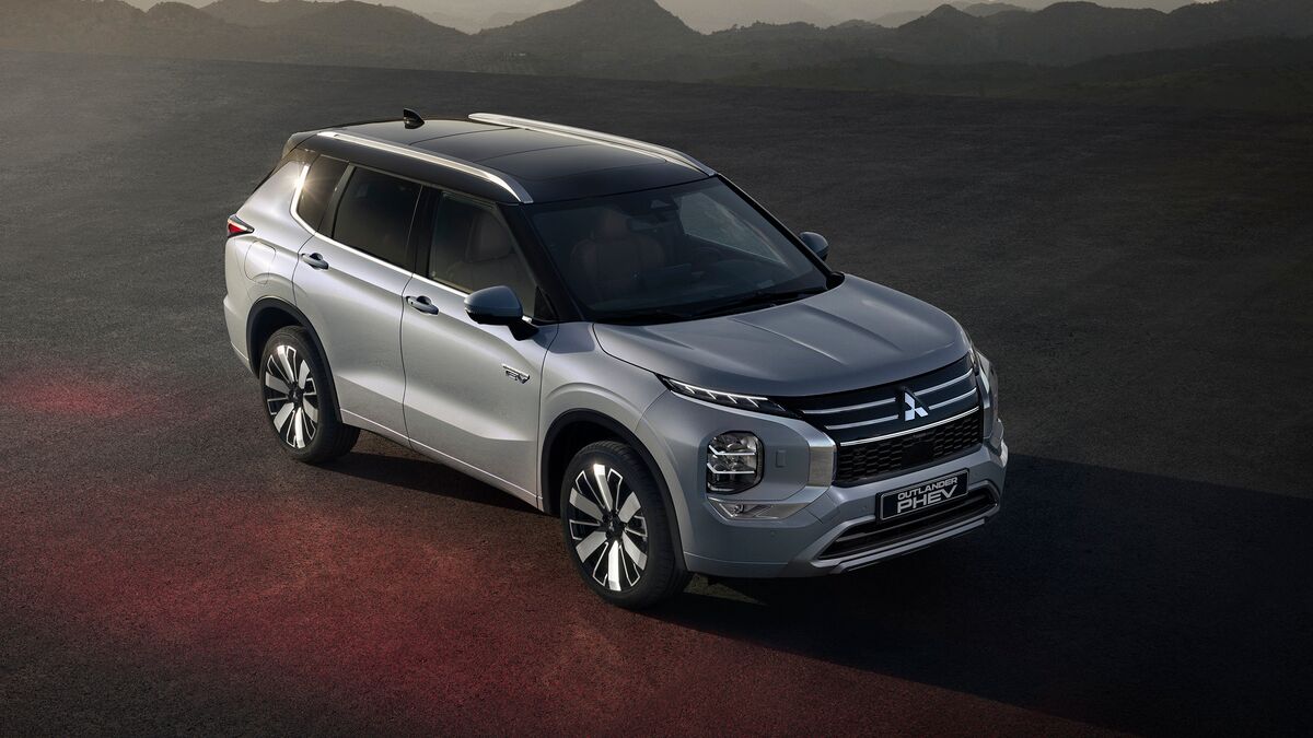 The 2026 Mitsubishi Outlander Plug-In Hybrid (PHEV) seen from an overhead front quarter angle