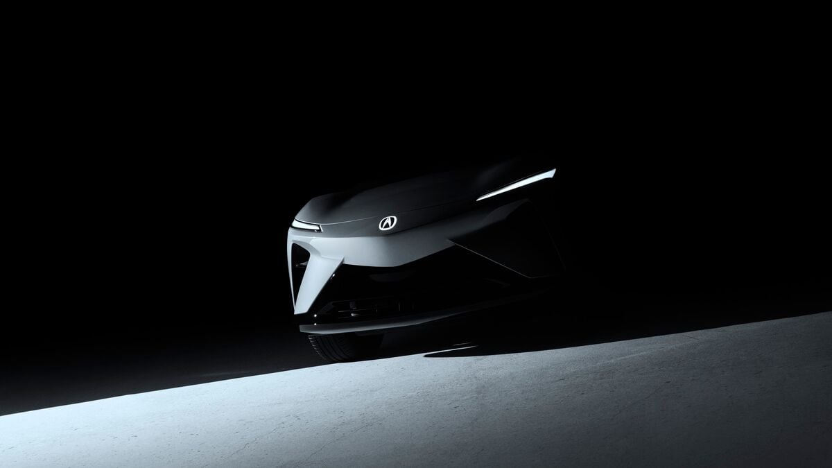A teaser photo showing the front end of the 2026 Acura RSX electric vehicle