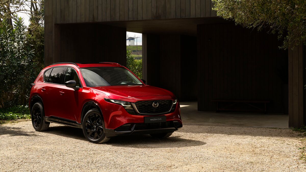 The 2026 Mazda CX-5 in red seen from a front quarter angle