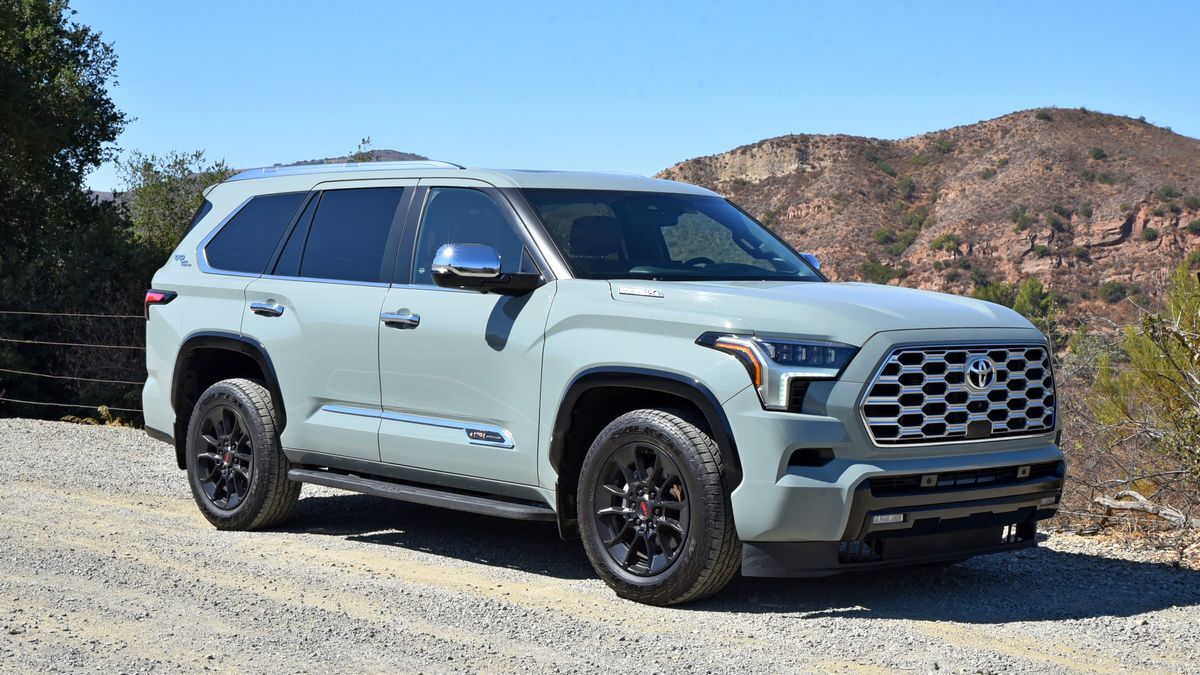 The 2025 Toyota Sequoia in blue seen from a front quarter angle