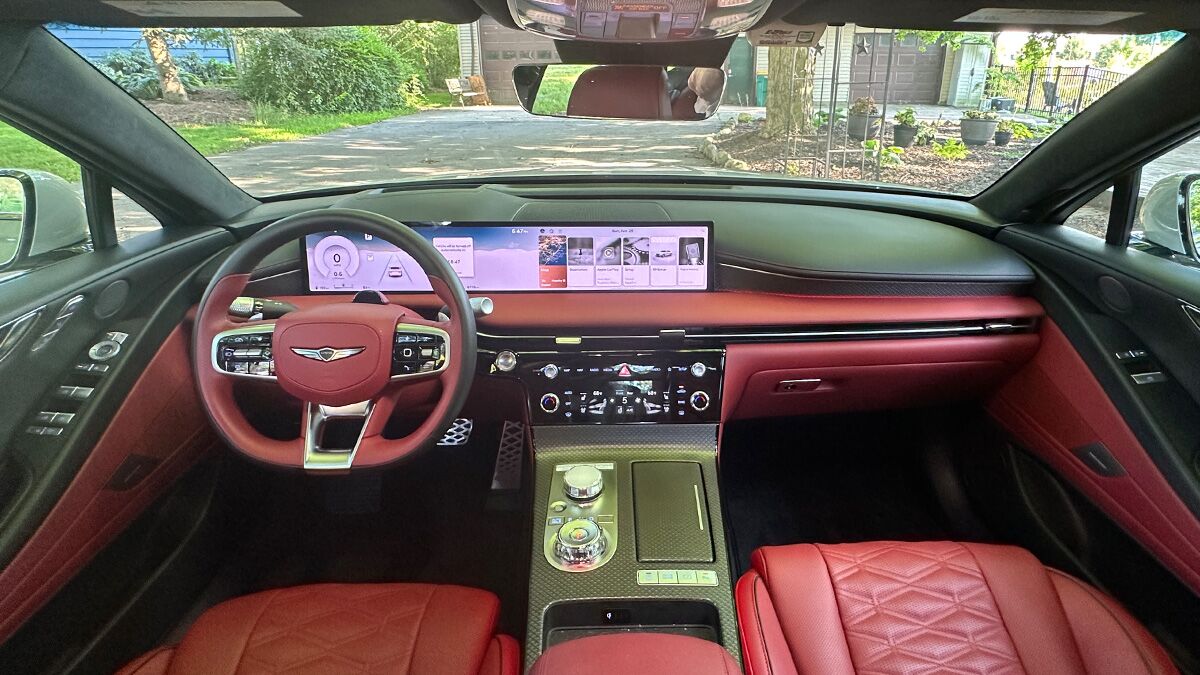 The interior of the 2025 Genesis G80 sedan with its dual screen layout