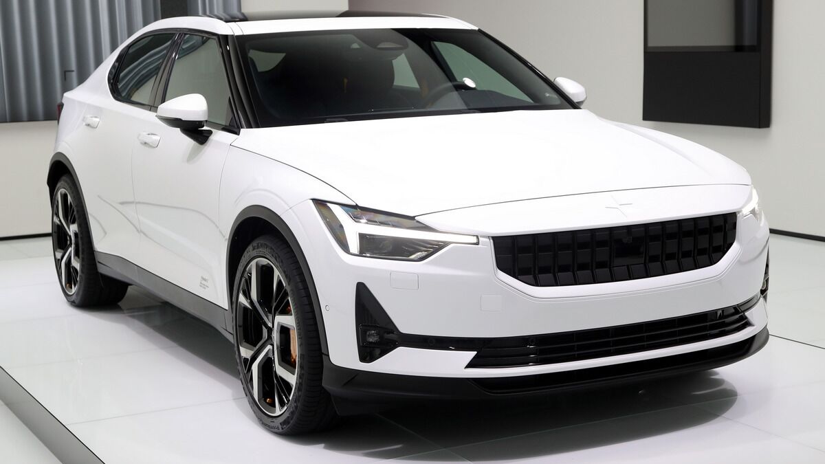 The 2021 Polestar 2 in white seen from a front quarter angle