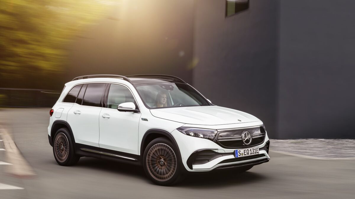 The 2023 Mercedes-Benz EQB in white seen from a front quarter angle