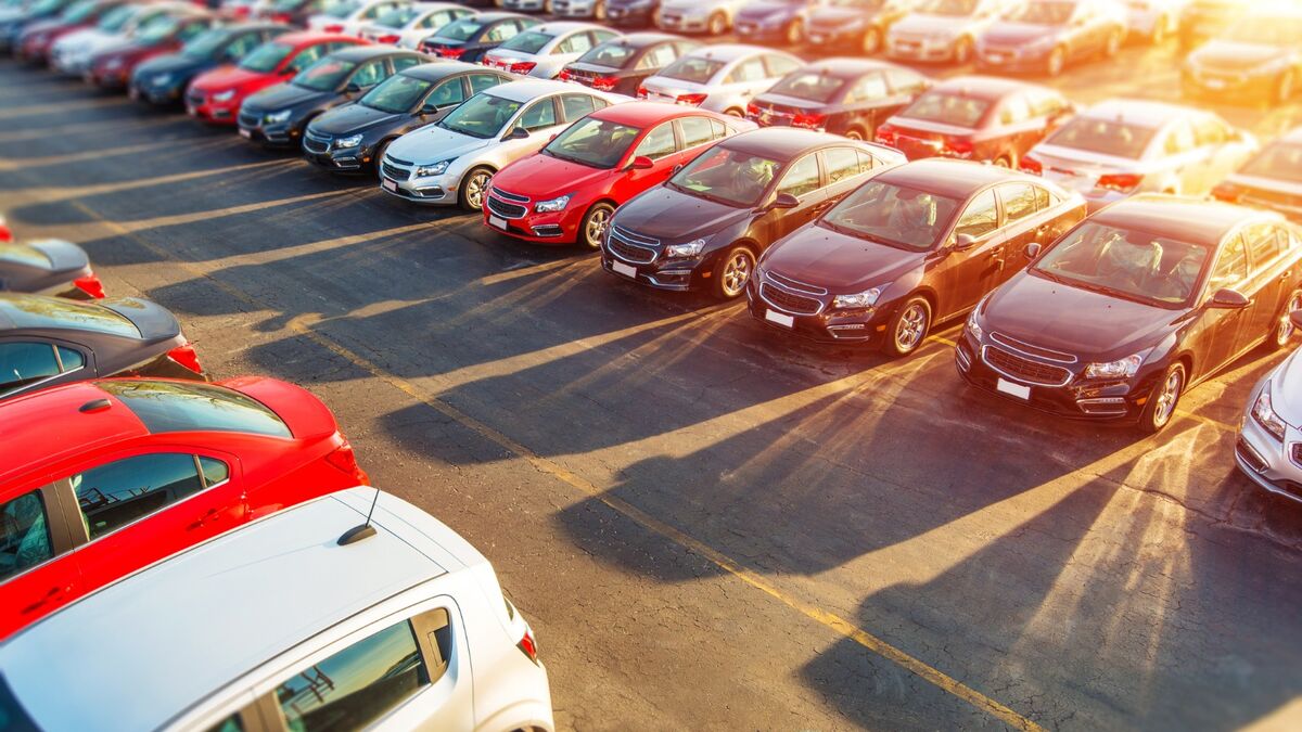 Cars from several brands lined up for sale at a dealership