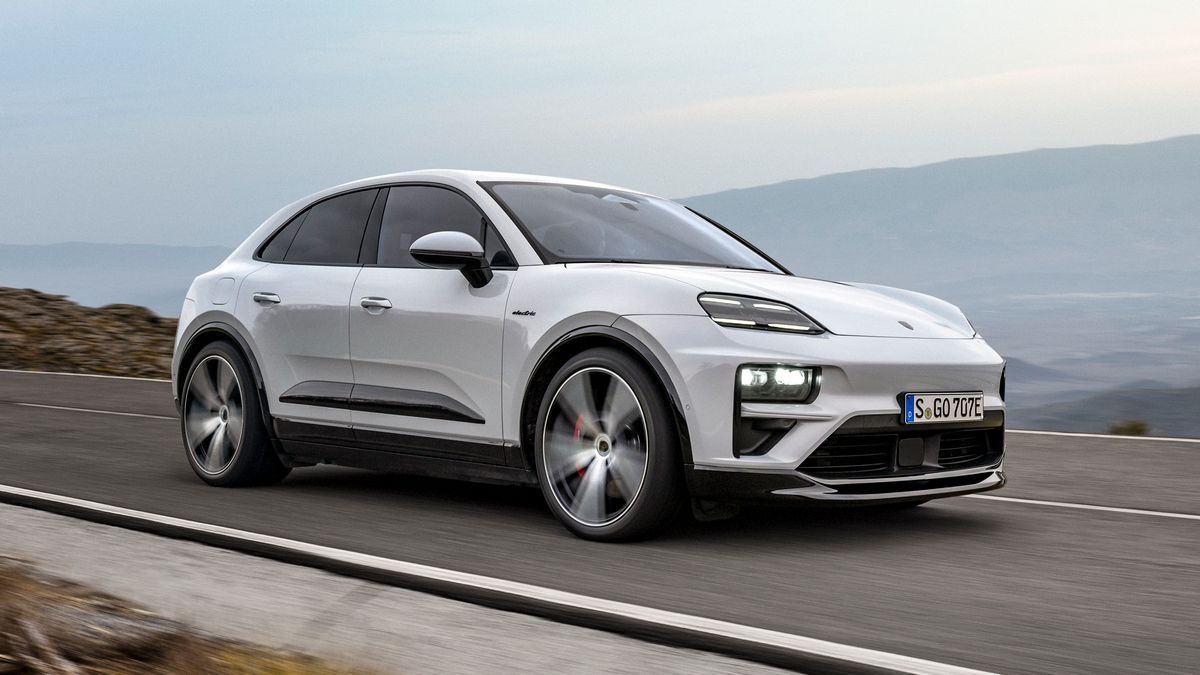 The 2025 Porsche Macan Turbo in white seen from a front quarter angle