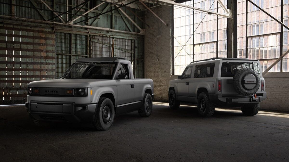 The planned Slate Truck in pickup and SUV configurations in gray
