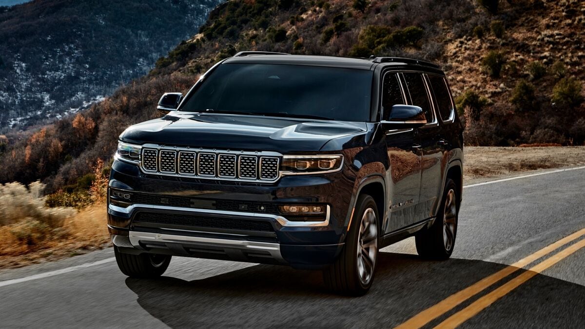 The 2022 Jeep Grand Wagoneer in black seen from a front quarter angle
