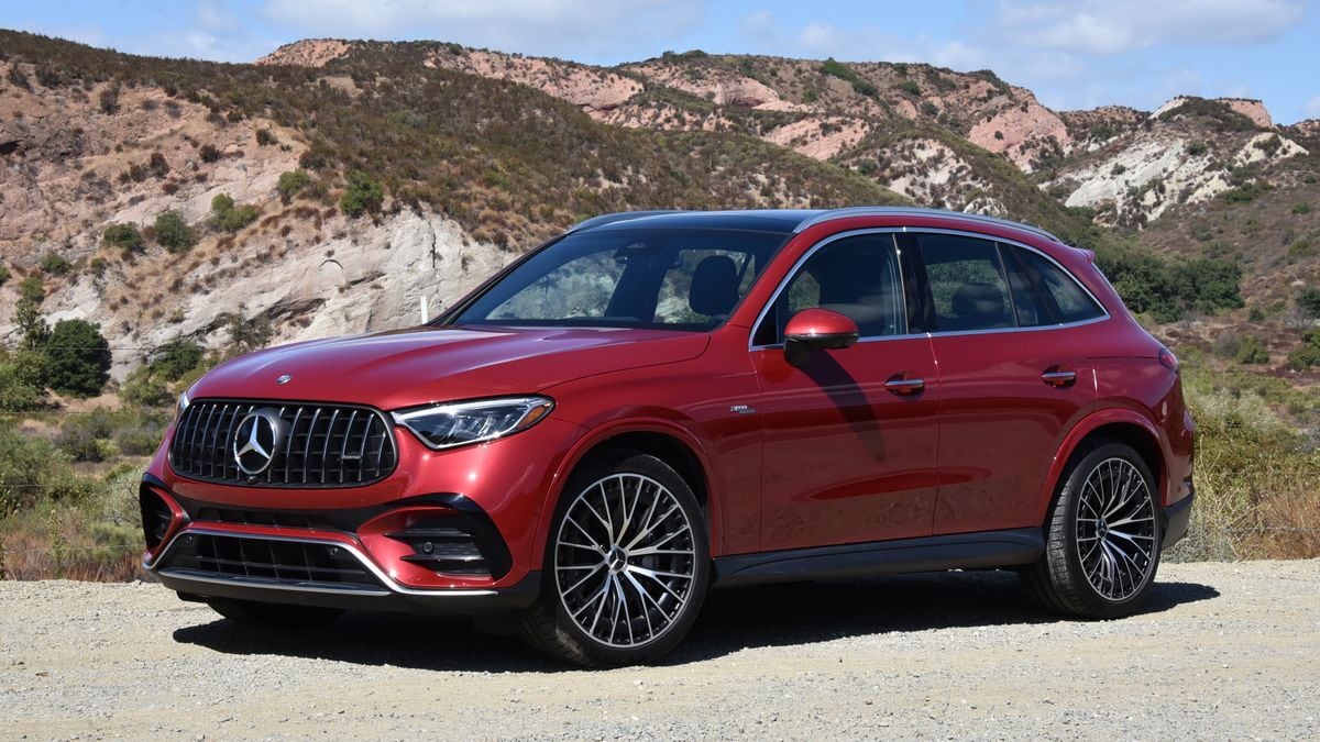 The 2025 Mercedes-Benz GLC in red seen from a front quarter angle