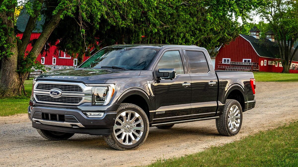 The 2022 Ford F-150 in black seen from a front quarter angle