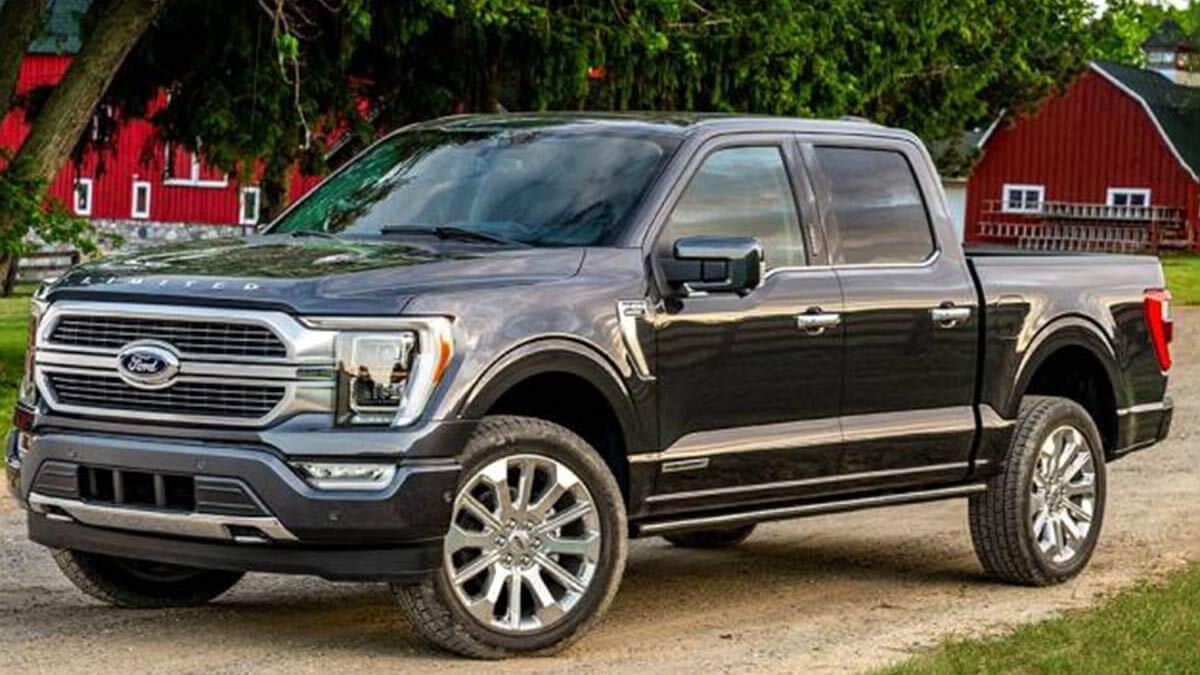 The 2022 Ford F-150 in black seen from a front quarter angle