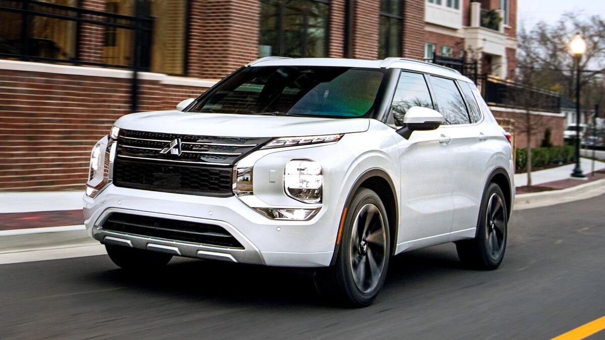 The 2022 Mitsubishi Outlander in white seen from a front quarter angle