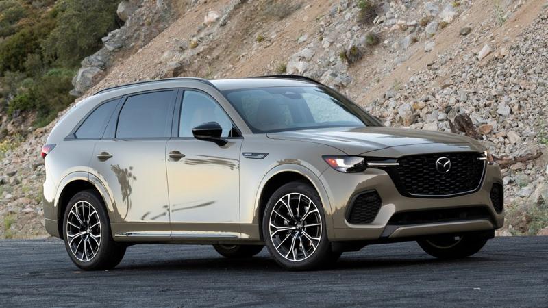 2025 Mazda CX-70 parked near a rocky hill.