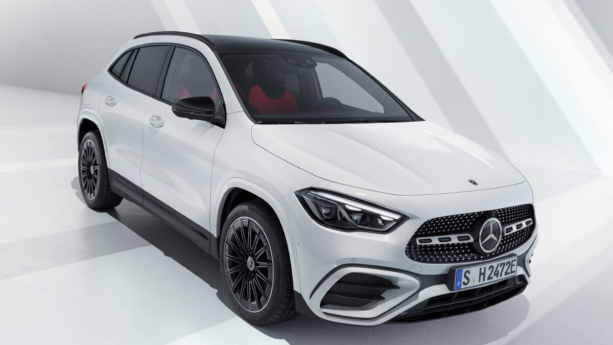The 2024 Mercedes-Benz GLA in white seen from a front quarter overhead angle