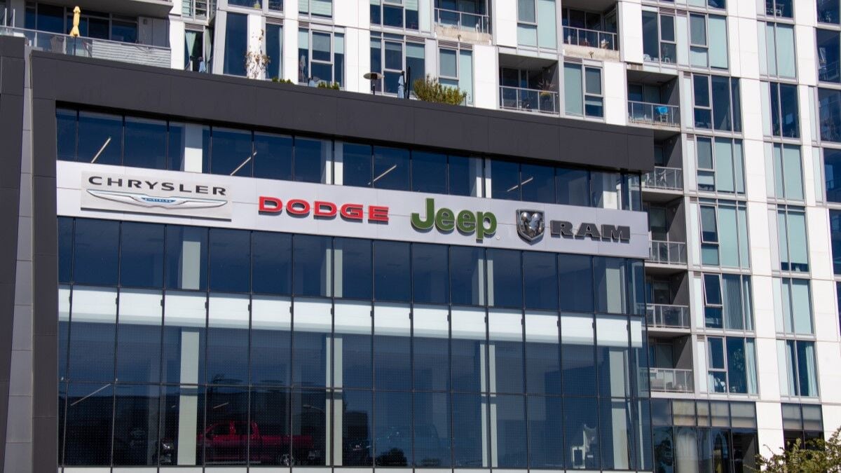 A Stellantis dealership selling Chrysler, Dodge, Jeep, and Ram vehicles