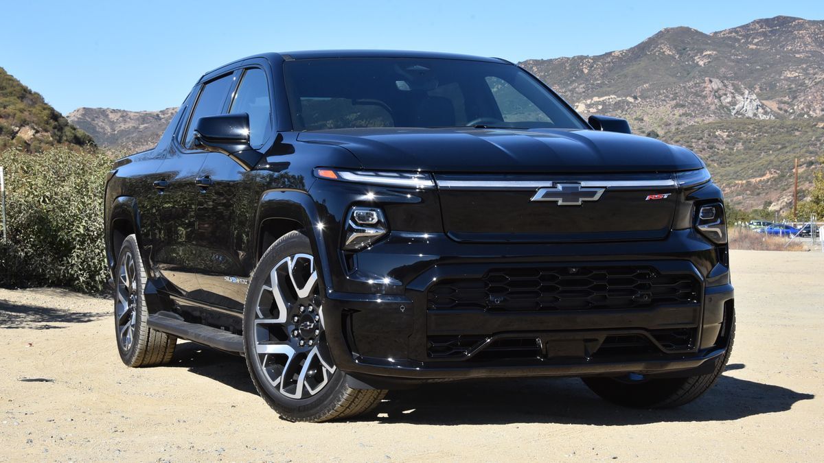 The Chevrolet Silverado EV in black seen from a front quarter angle