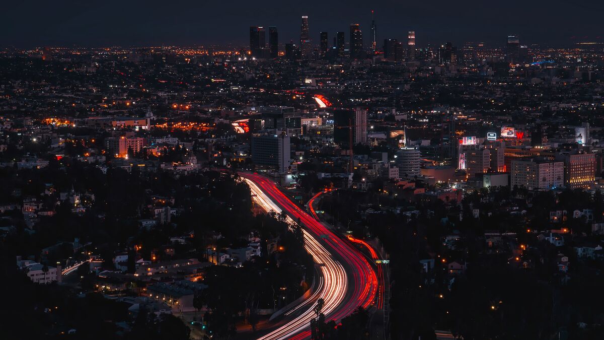 A long exposure photo shows Los Angeles area traffic at night