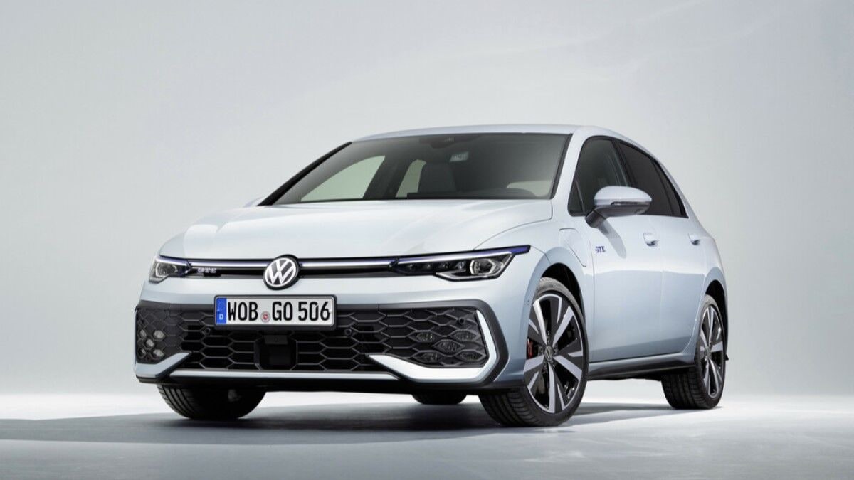 The Volkswagen Golf GTI in white seen from a front quarter angle