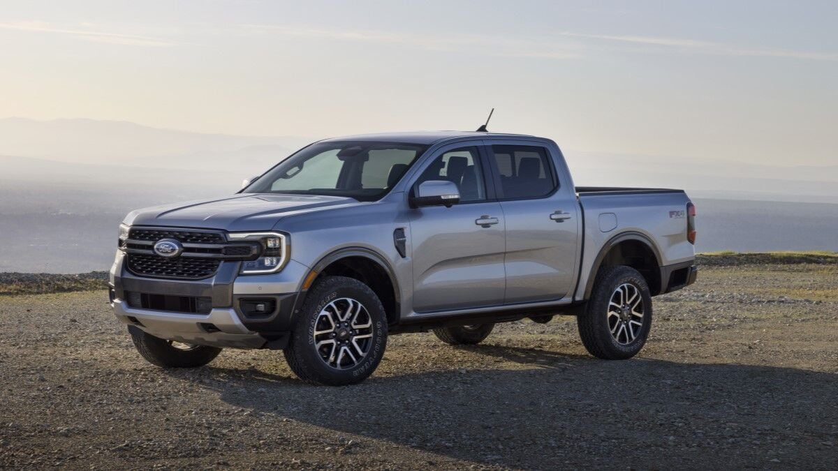 The 2024 Ford Ranger in gray seen from a front quarter angle