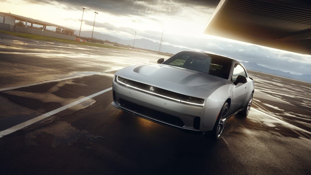 The 2025 Dodge Charger Daytona 2-door in gray seen from a front quarter angle