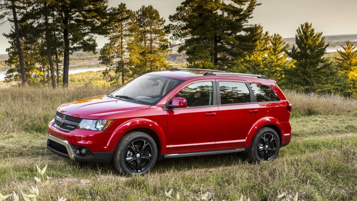 The 2020 Dodge Journey in red seen from a front quarter angle