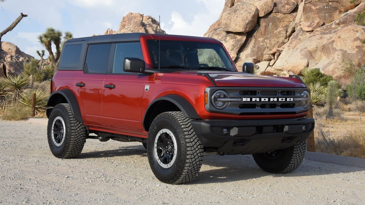 The 2025 Ford Bronco 4-door in red seen from a front quarter angle
