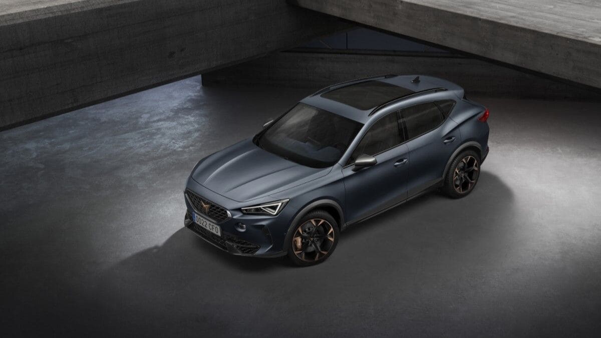 The 2024 Cupra Formentor SUV in gray seen from an overhead front three-quarter angle