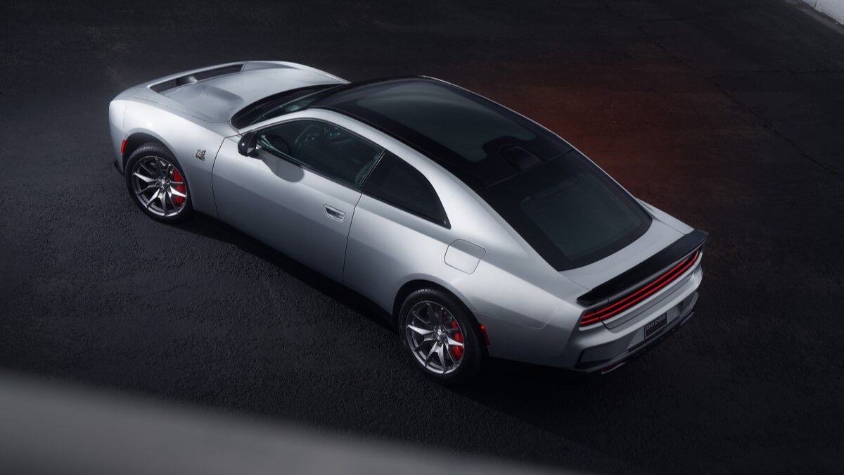 The 2024 Dodge Charger Daytona electric vehicle (EV) in gray seen from overhead