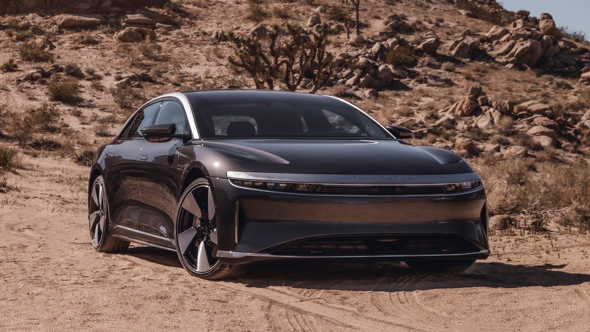 The Lucid Air Grand Touring in gray seen from a front quarter angle