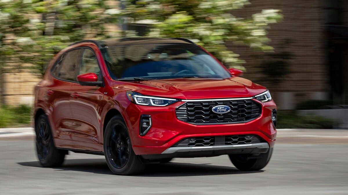The 2025 Ford Escape in red seen from a front quarter angle