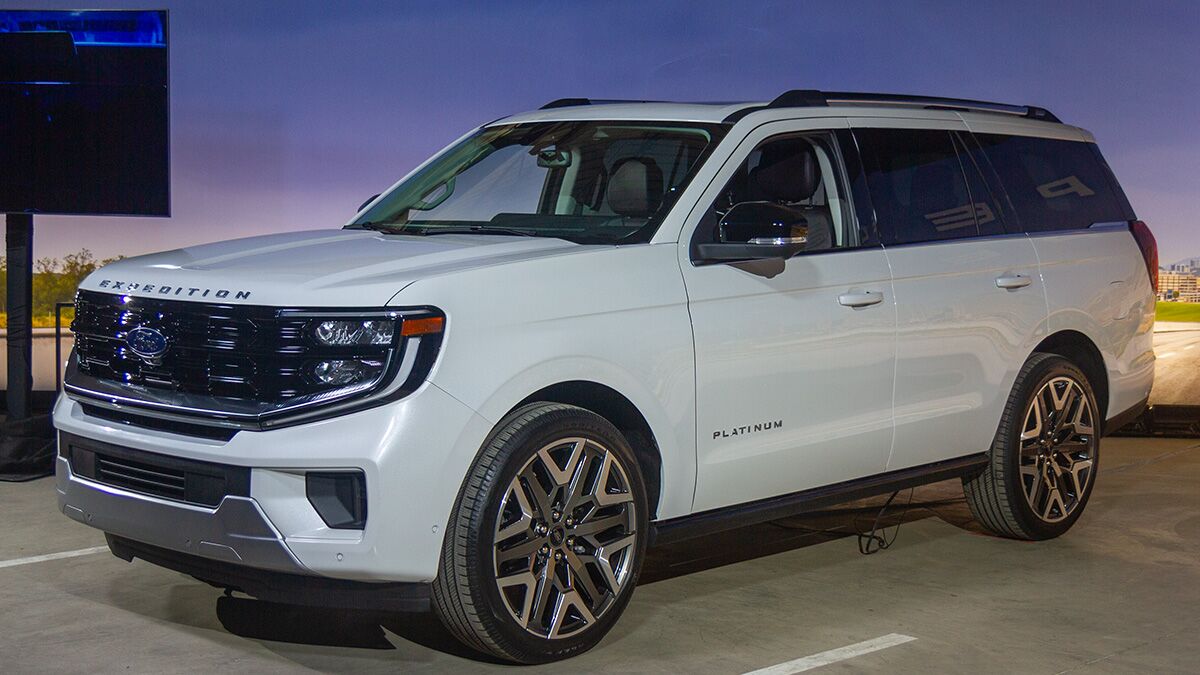 The 2025 Ford Expedition in white seen from a front quarter angle