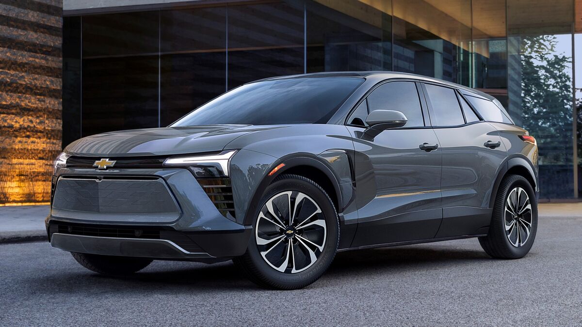 The 2025 Chevrolet Blazer EV in gray seen from a front quarter angle