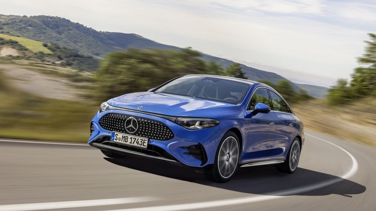 The 2026 Mercedes-Benz CLA in blue seen from a front quarter angle