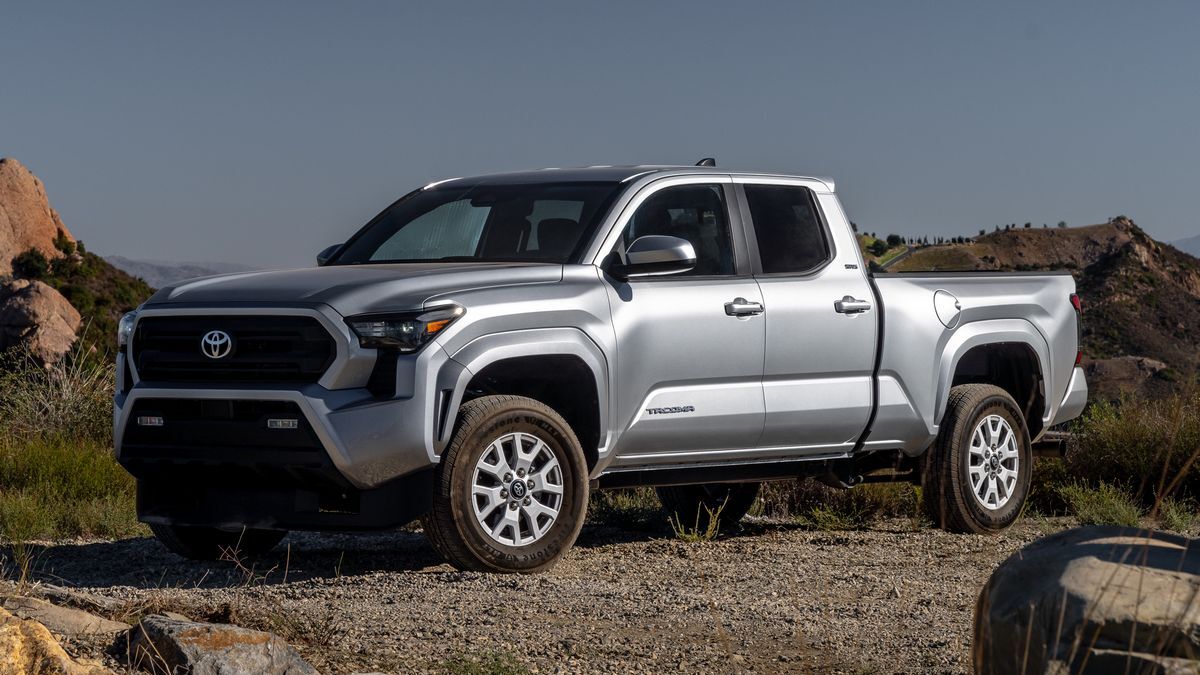The 2025 Toyota Tacoma in silver seen from a front quarter angle