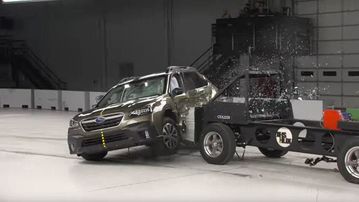 An Insurance Institute for Highway Safety side impact crash test of a 2022 Subaru Outback