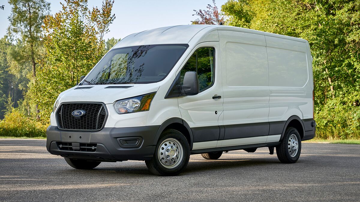 The 2023 Ford Transit in white seen from a front quarter angle