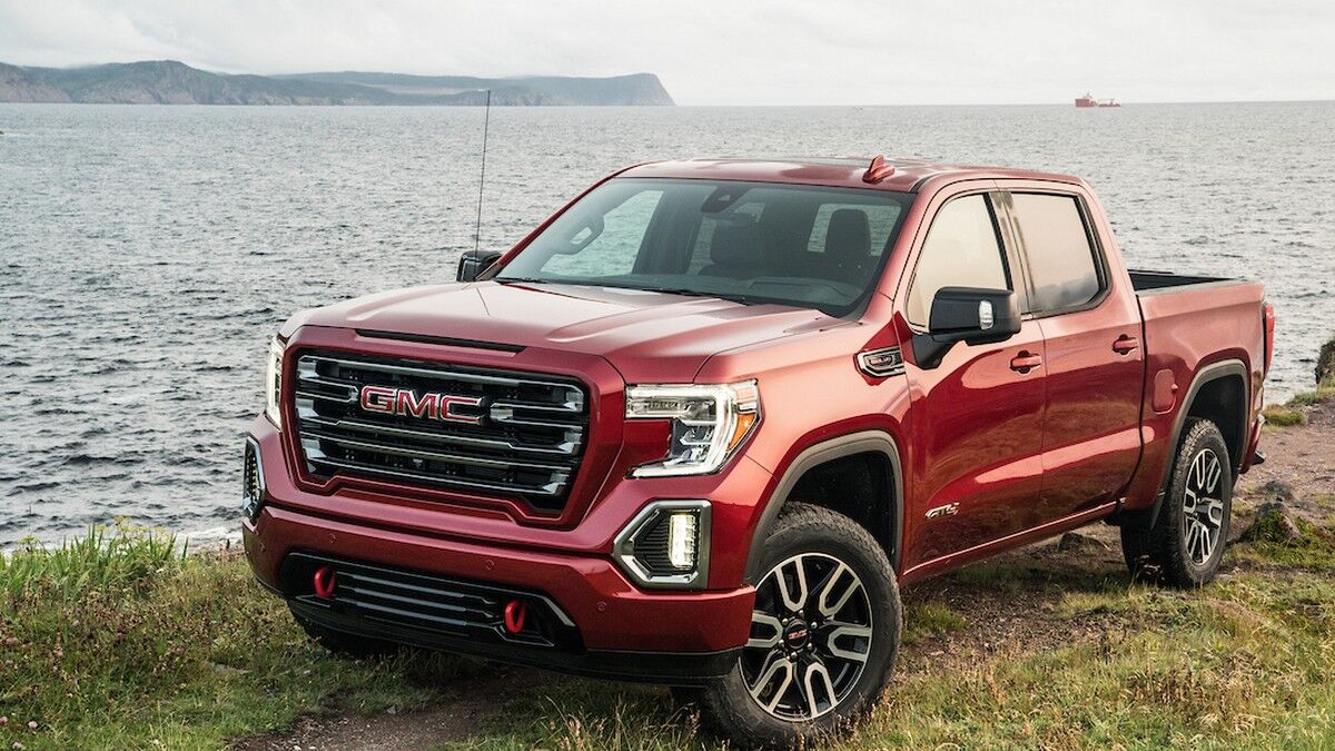The 2019 GMC Sierra 1500 in red seen from a front quarter angle