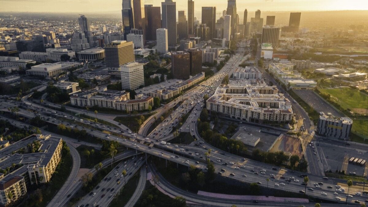 An aerial photograph of traffic in Los Angeles, America's heaviest-traffic city.