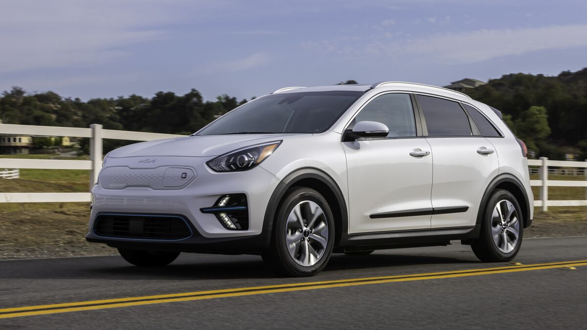 The 2022 Kia Niro EV in white seen from a front quarter angle