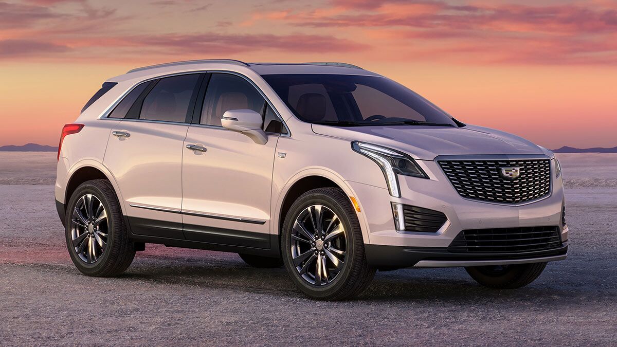 The 2025 Cadillac XT5 in white seen from a front quarter angle
