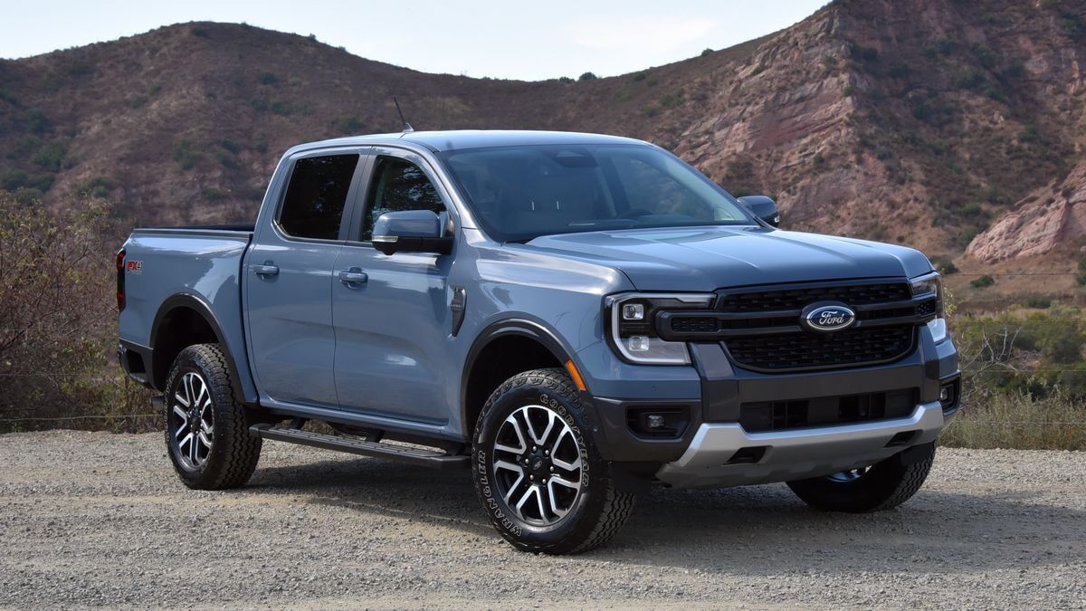 The 2025 Ford Ranger in blue seen from a front quarter angle